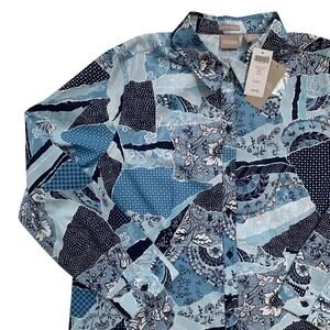 NWT Chico’s Whimsy BLue and White Patchwork Splitback Button Down Shirt Size 16